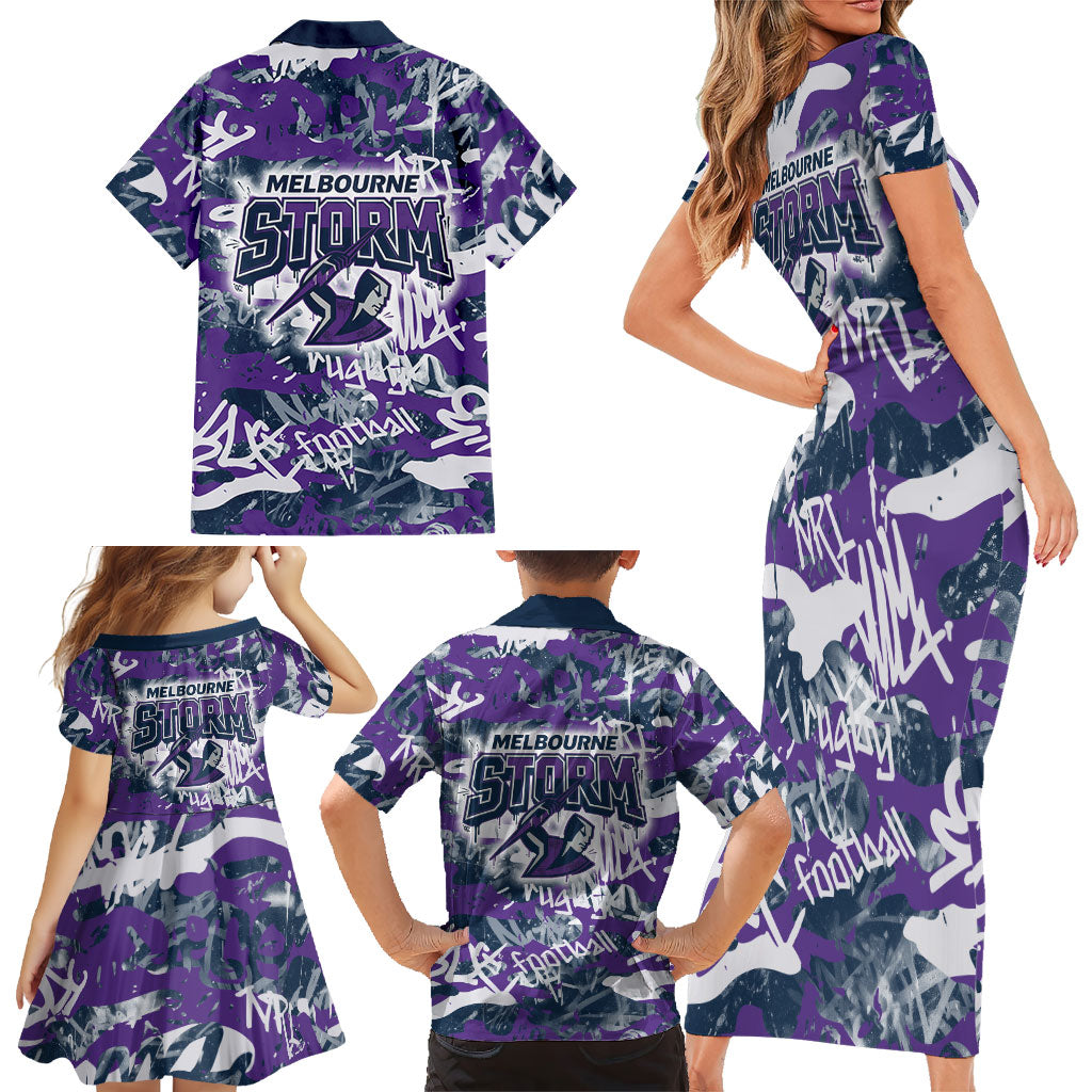 Melbourne Storm Rugby Family Matching Short Sleeve Bodycon Dress and Hawaiian Shirt Graffiti Typography Urban Camo Abstract Street Style