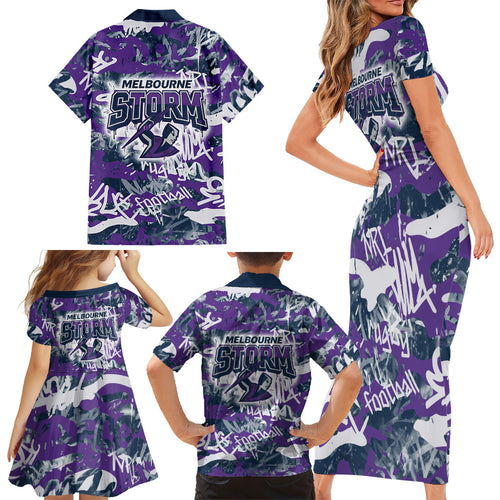 Melbourne Storm Rugby Family Matching Short Sleeve Bodycon Dress and Hawaiian Shirt Graffiti Typography Urban Camo Abstract Street Style
