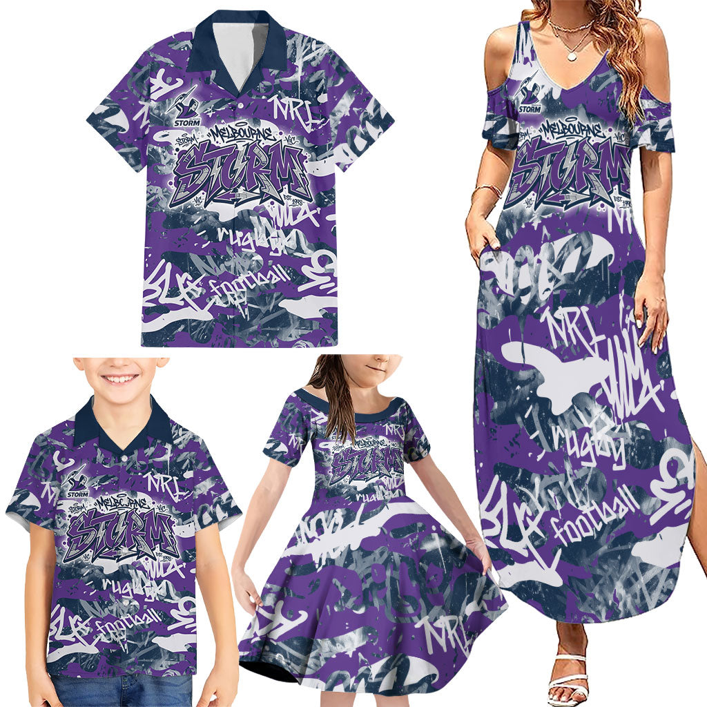 Melbourne Storm Rugby Family Matching Summer Maxi Dress and Hawaiian Shirt Graffiti Typography Urban Camo Abstract Street Style