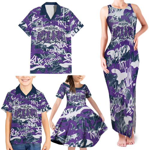 Melbourne Storm Rugby Family Matching Tank Maxi Dress and Hawaiian Shirt Graffiti Typography Urban Camo Abstract Street Style