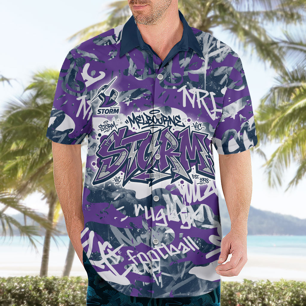 Melbourne Storm Rugby Hawaiian Shirt Graffiti Typography Urban Camo Abstract Street Style