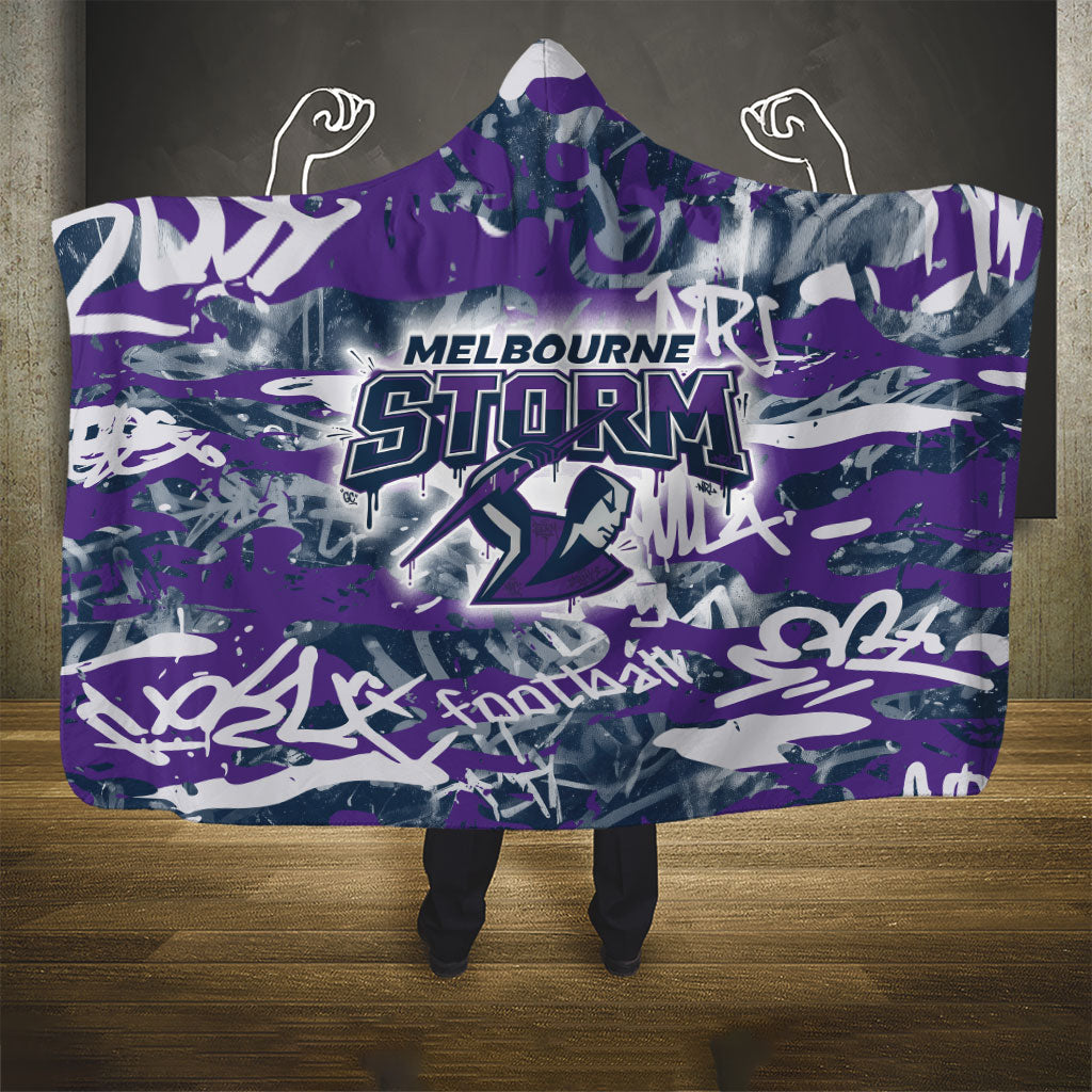 Melbourne Storm Rugby Hooded Blanket Graffiti Typography Urban Camo Abstract Street Style