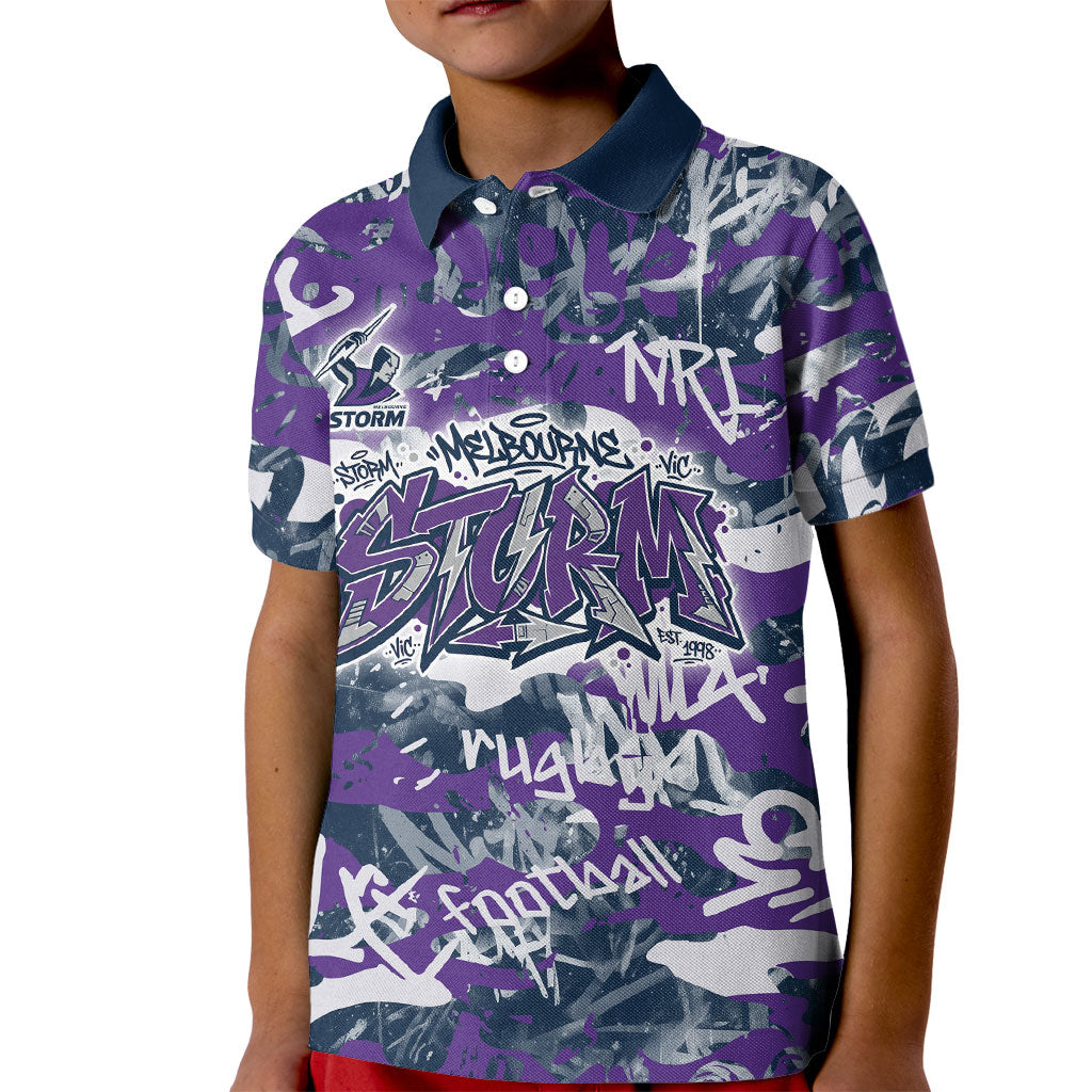 Melbourne Storm Rugby Kid Polo Shirt Graffiti Typography Urban Camo Abstract Street Style