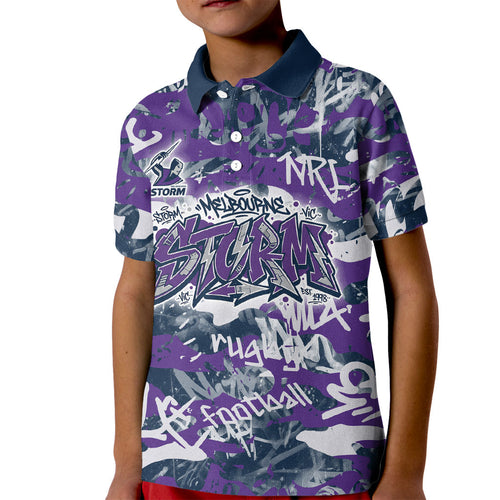 Melbourne Storm Rugby Kid Polo Shirt Graffiti Typography Urban Camo Abstract Street Style