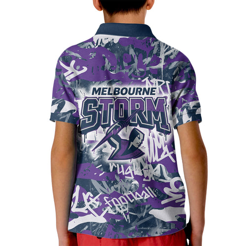 Melbourne Storm Rugby Kid Polo Shirt Graffiti Typography Urban Camo Abstract Street Style