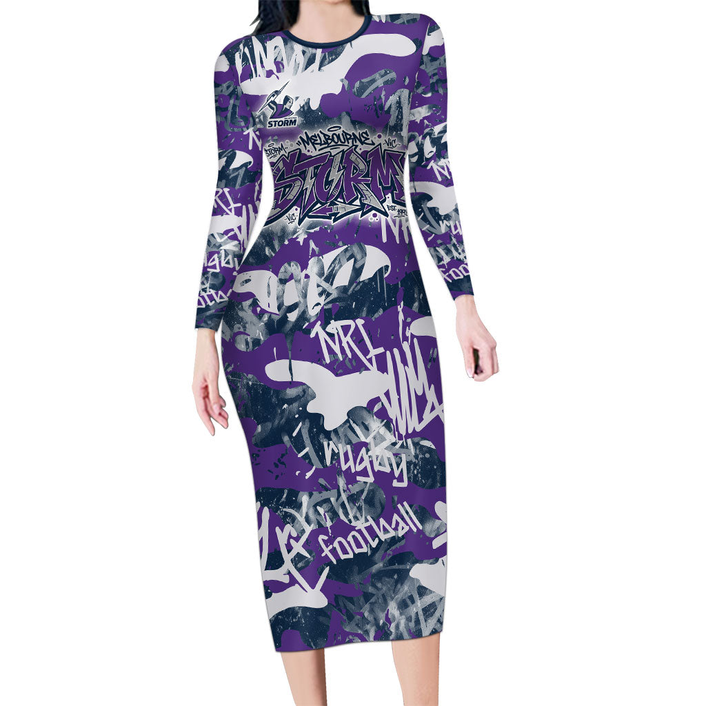 Melbourne Storm Rugby Long Sleeve Bodycon Dress Graffiti Typography Urban Camo Abstract Street Style