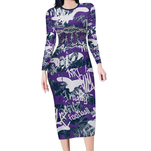Melbourne Storm Rugby Long Sleeve Bodycon Dress Graffiti Typography Urban Camo Abstract Street Style