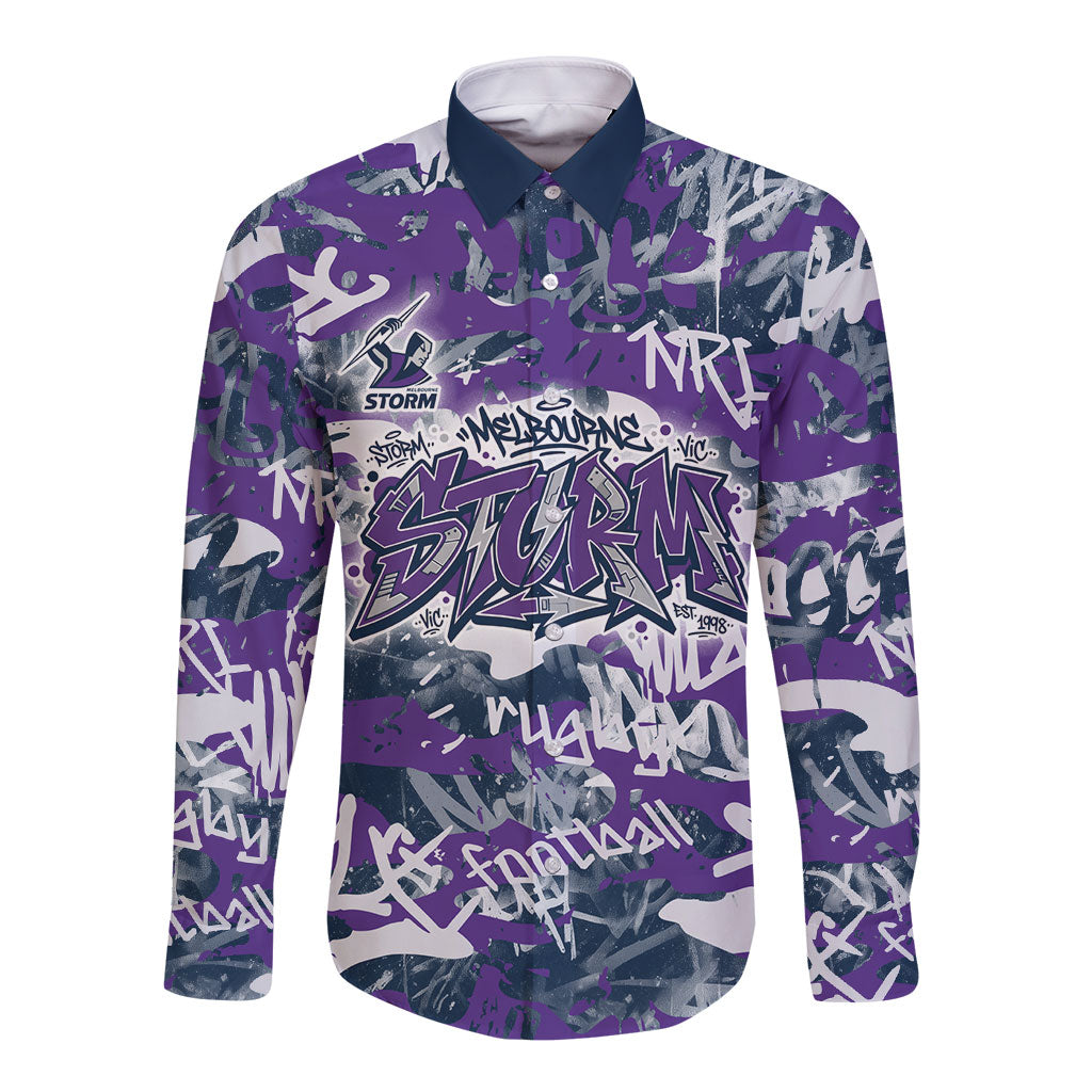 Melbourne Storm Rugby Long Sleeve Button Shirt Graffiti Typography Urban Camo Abstract Street Style