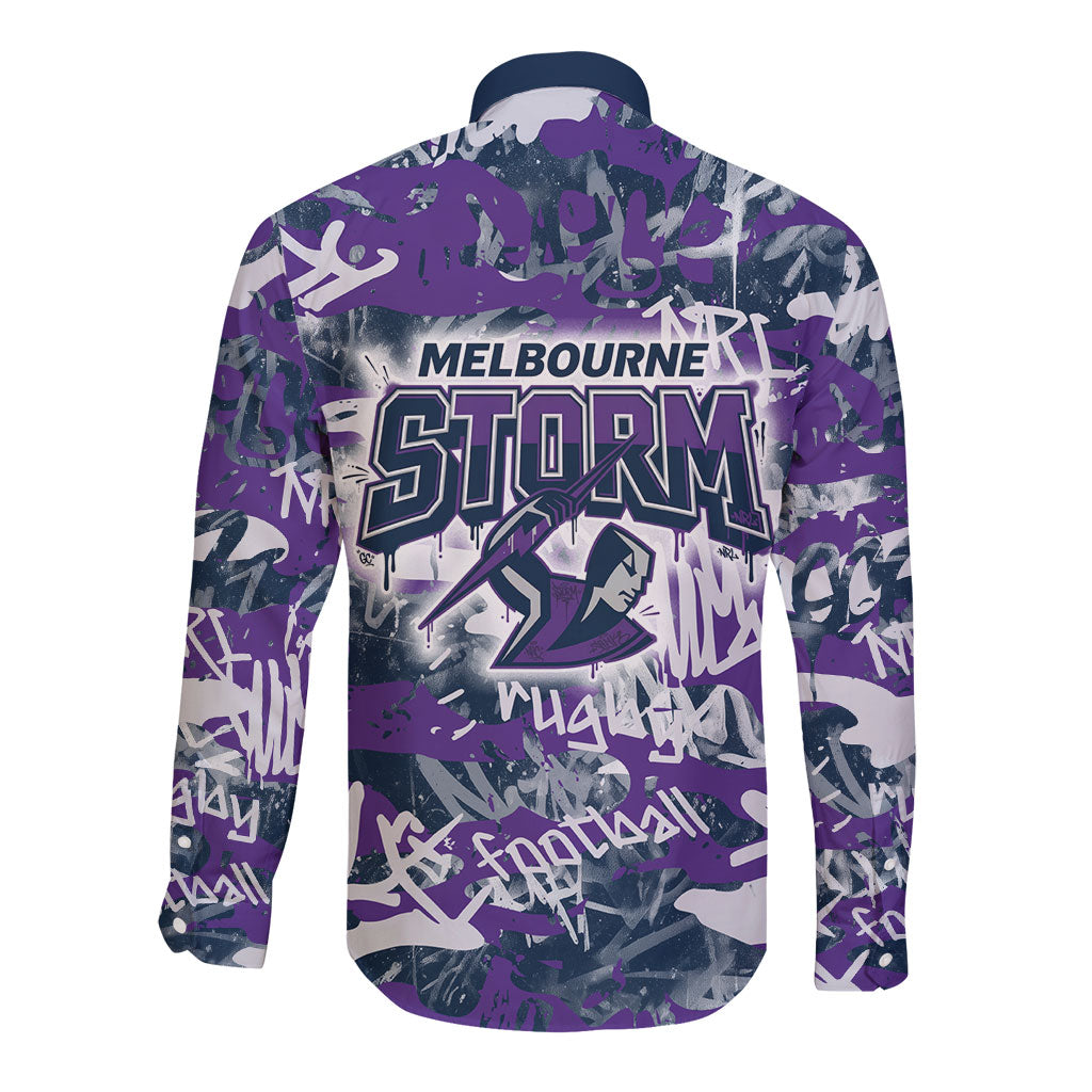 Melbourne Storm Rugby Long Sleeve Button Shirt Graffiti Typography Urban Camo Abstract Street Style