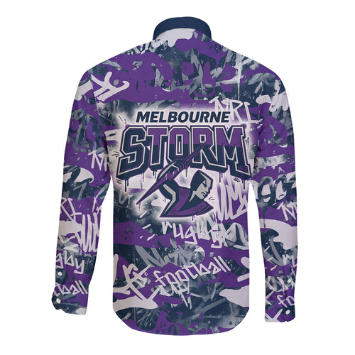 Melbourne Storm Rugby Long Sleeve Button Shirt Graffiti Typography Urban Camo Abstract Street Style