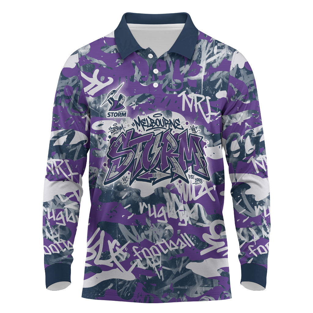 Melbourne Storm Rugby Long Sleeve Polo Shirt Graffiti Typography Urban Camo Abstract Street Style