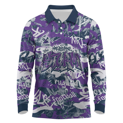 Melbourne Storm Rugby Long Sleeve Polo Shirt Graffiti Typography Urban Camo Abstract Street Style