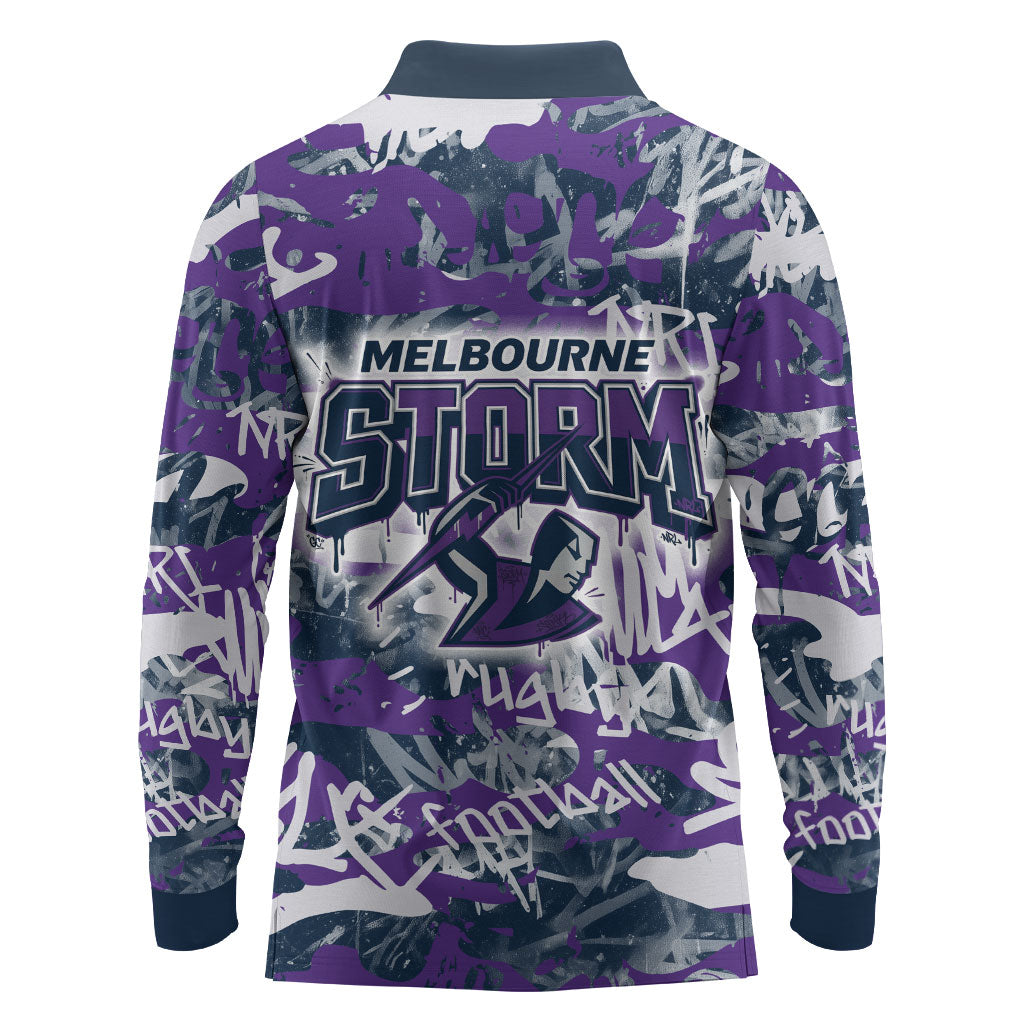 Melbourne Storm Rugby Long Sleeve Polo Shirt Graffiti Typography Urban Camo Abstract Street Style