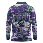 Melbourne Storm Rugby Long Sleeve Polo Shirt Graffiti Typography Urban Camo Abstract Street Style