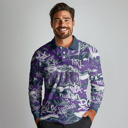 Melbourne Storm Rugby Long Sleeve Polo Shirt Graffiti Typography Urban Camo Abstract Street Style