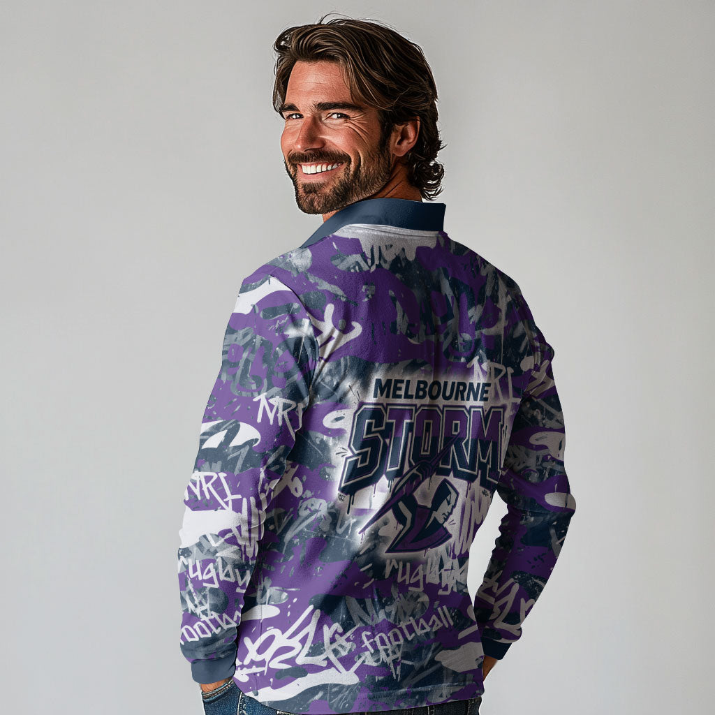 Melbourne Storm Rugby Long Sleeve Polo Shirt Graffiti Typography Urban Camo Abstract Street Style