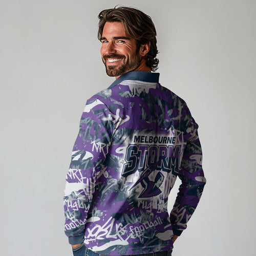 Melbourne Storm Rugby Long Sleeve Polo Shirt Graffiti Typography Urban Camo Abstract Street Style
