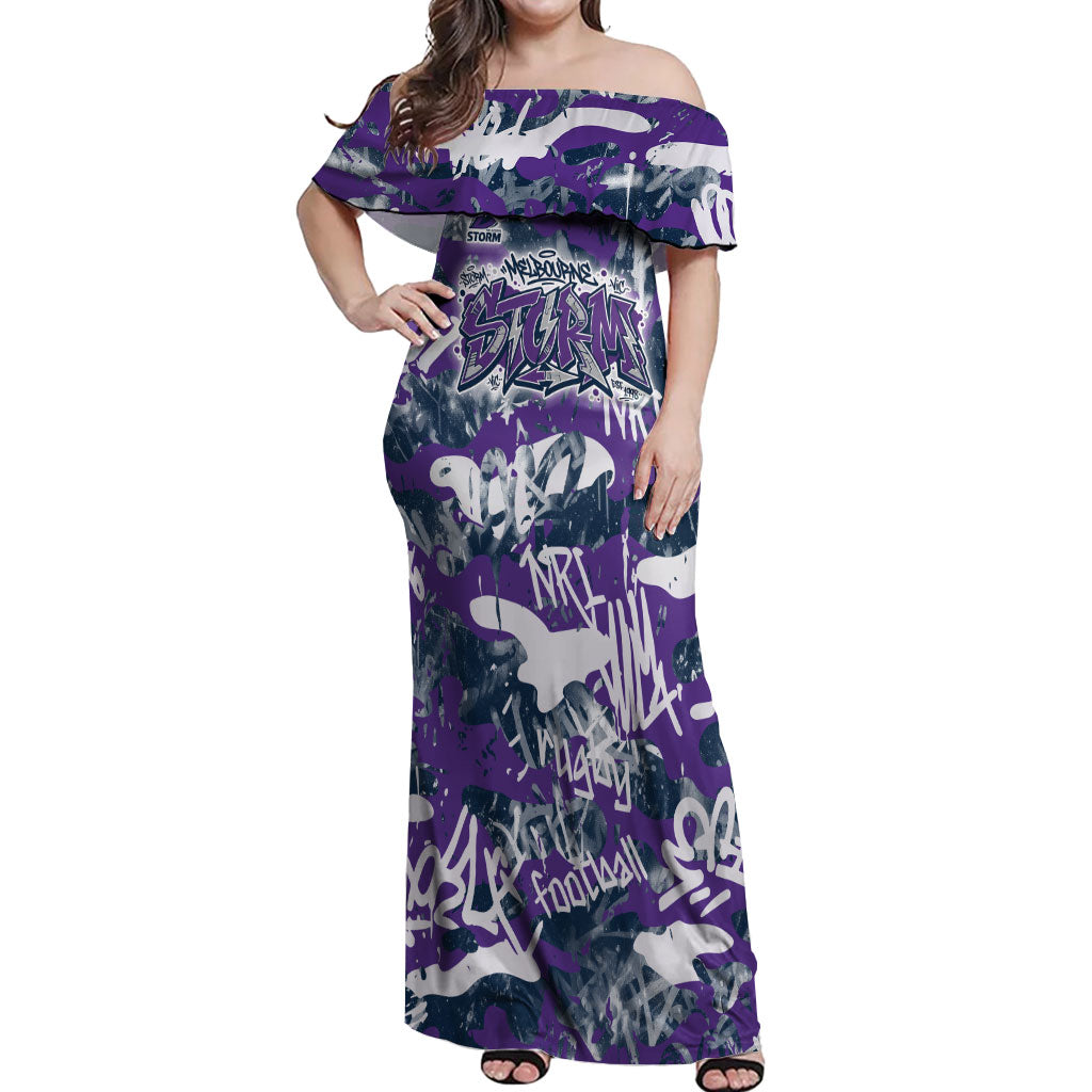 Melbourne Storm Rugby Off Shoulder Maxi Dress Graffiti Typography Urban Camo Abstract Street Style