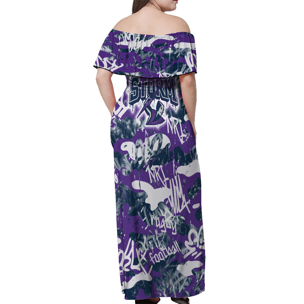 Melbourne Storm Rugby Off Shoulder Maxi Dress Graffiti Typography Urban Camo Abstract Street Style