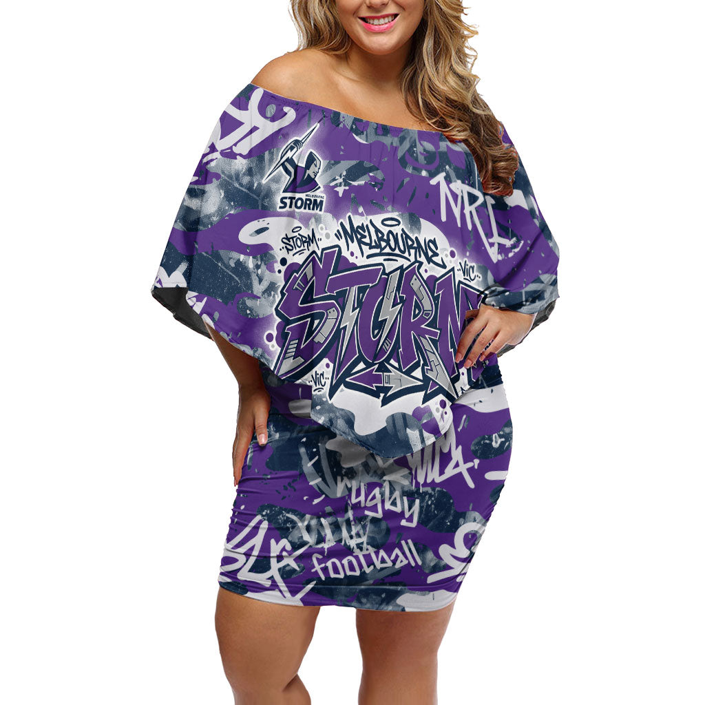Melbourne Storm Rugby Off Shoulder Short Dress Graffiti Typography Urban Camo Abstract Street Style