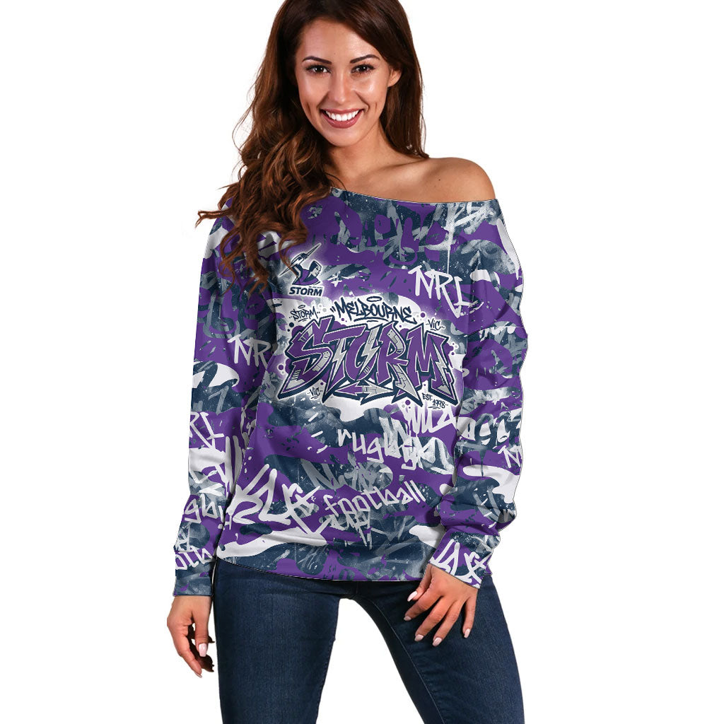 Melbourne Storm Rugby Off Shoulder Sweater Graffiti Typography Urban Camo Abstract Street Style