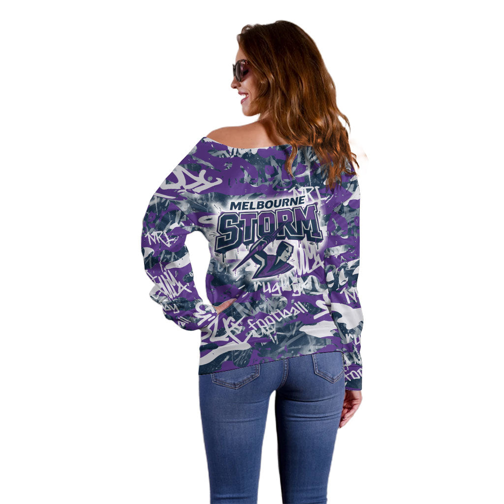 Melbourne Storm Rugby Off Shoulder Sweater Graffiti Typography Urban Camo Abstract Street Style