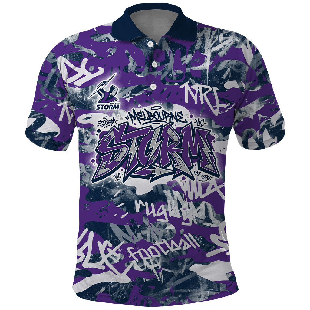Melbourne Storm Rugby Polo Shirt Graffiti Typography Urban Camo Abstract Street Style