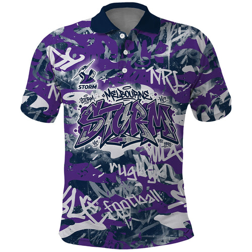 Melbourne Storm Rugby Polo Shirt Graffiti Typography Urban Camo Abstract Street Style