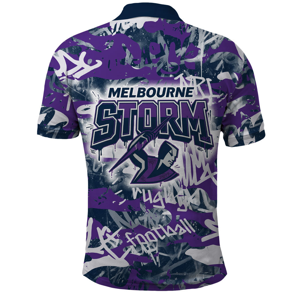 Melbourne Storm Rugby Polo Shirt Graffiti Typography Urban Camo Abstract Street Style
