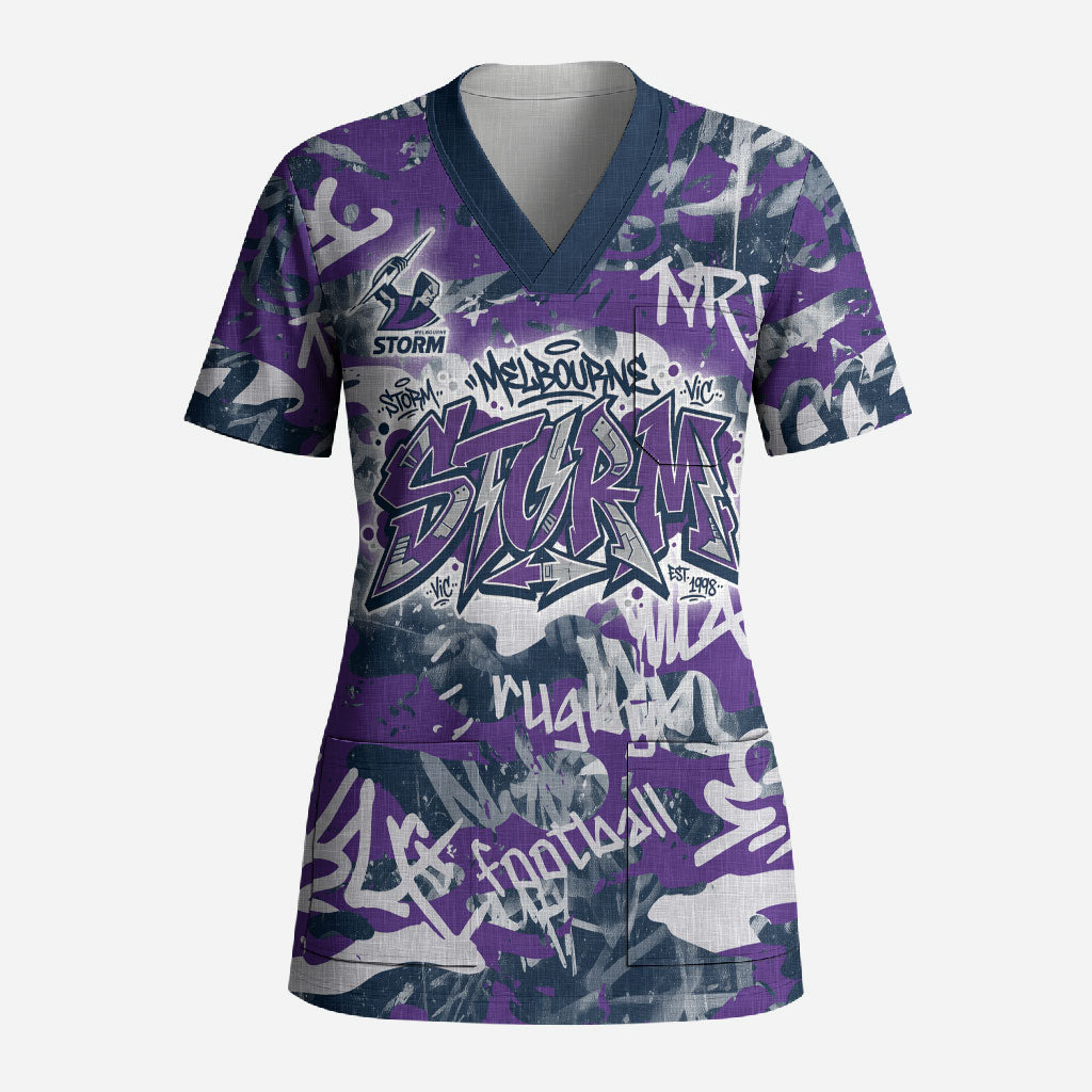 Melbourne Storm Rugby Scrub Top Graffiti Typography Urban Camo Abstract Street Style