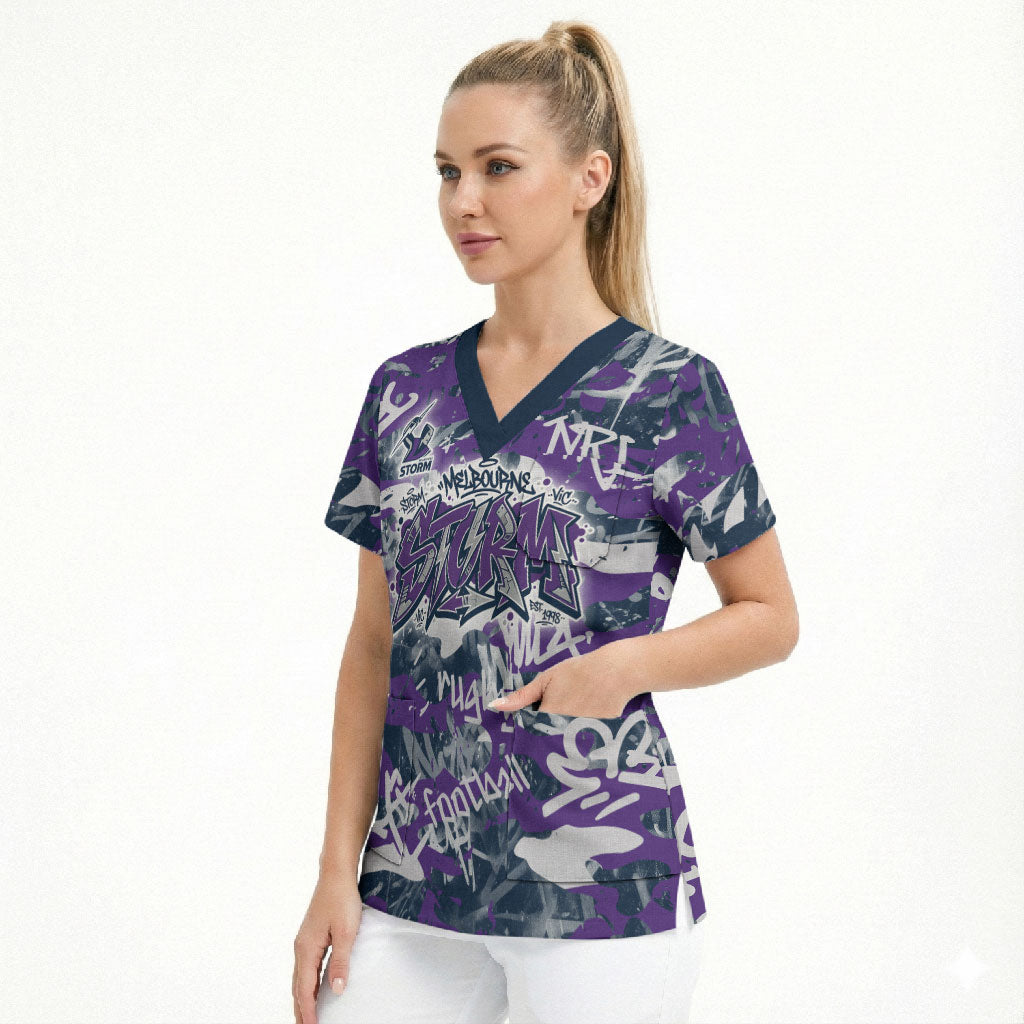 Melbourne Storm Rugby Scrub Top Graffiti Typography Urban Camo Abstract Street Style