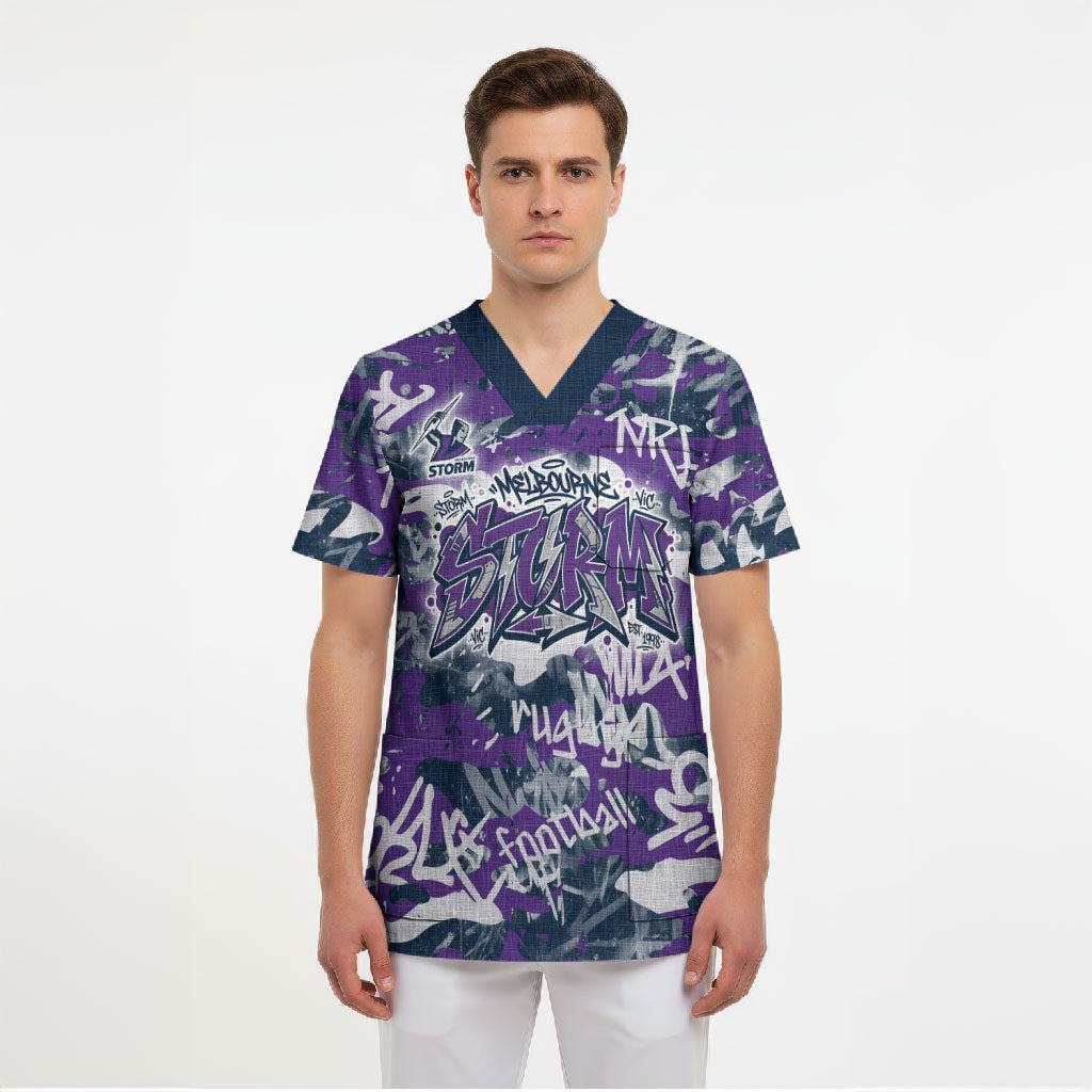 Melbourne Storm Rugby Scrub Top Graffiti Typography Urban Camo Abstract Street Style
