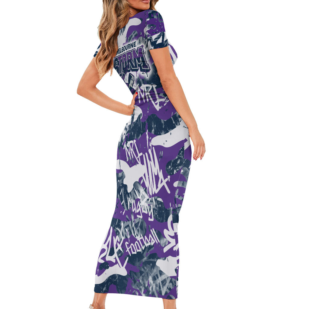 Melbourne Storm Rugby Short Sleeve Bodycon Dress Graffiti Typography Urban Camo Abstract Street Style