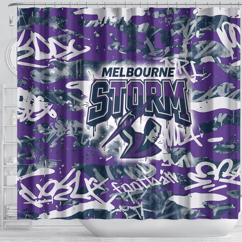 Melbourne Storm Rugby Shower Curtain Graffiti Typography Urban Camo Abstract Street Style