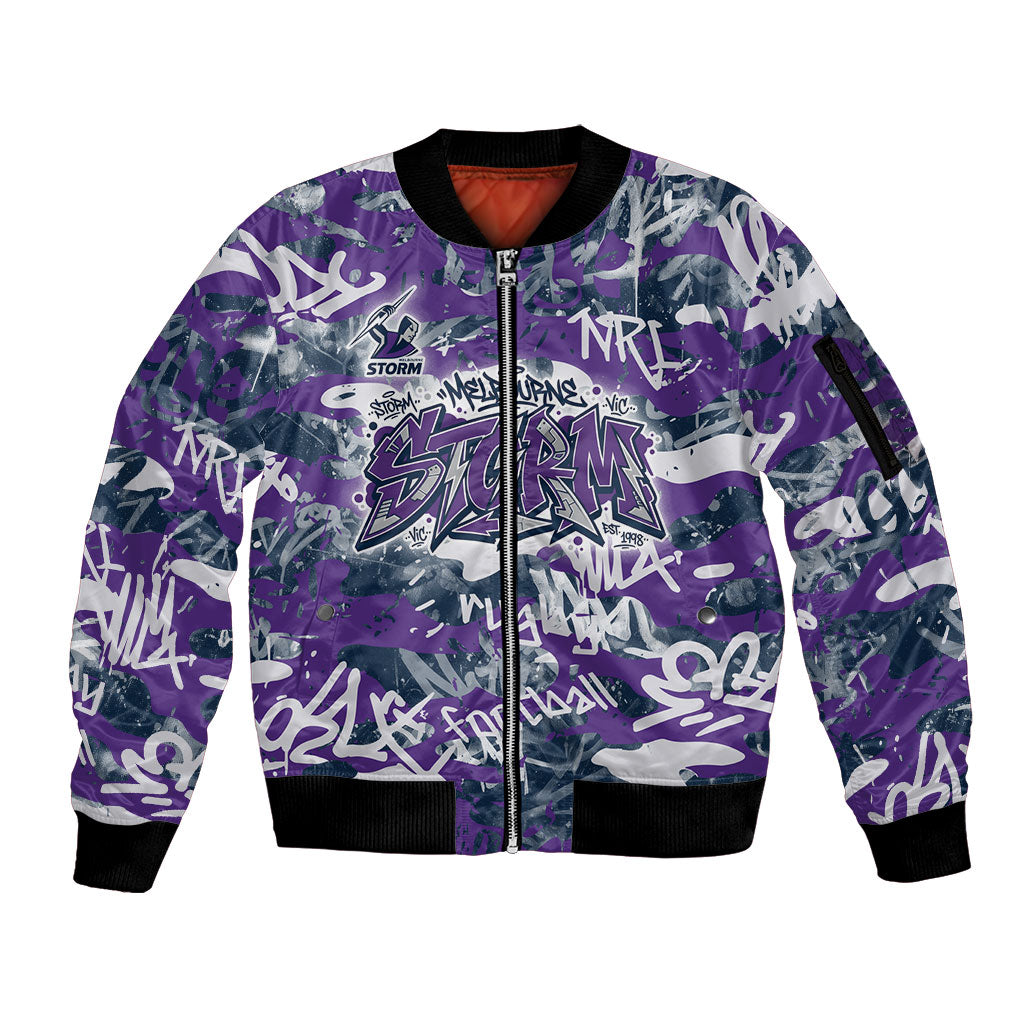 Melbourne Storm Rugby Sleeve Zip Bomber Jacket Graffiti Typography Urban Camo Abstract Street Style