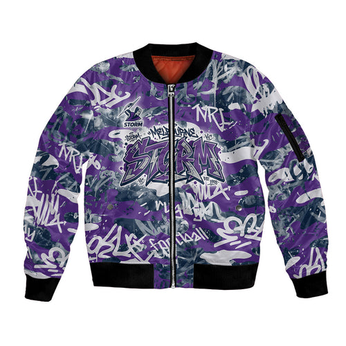 Melbourne Storm Rugby Sleeve Zip Bomber Jacket Graffiti Typography Urban Camo Abstract Street Style