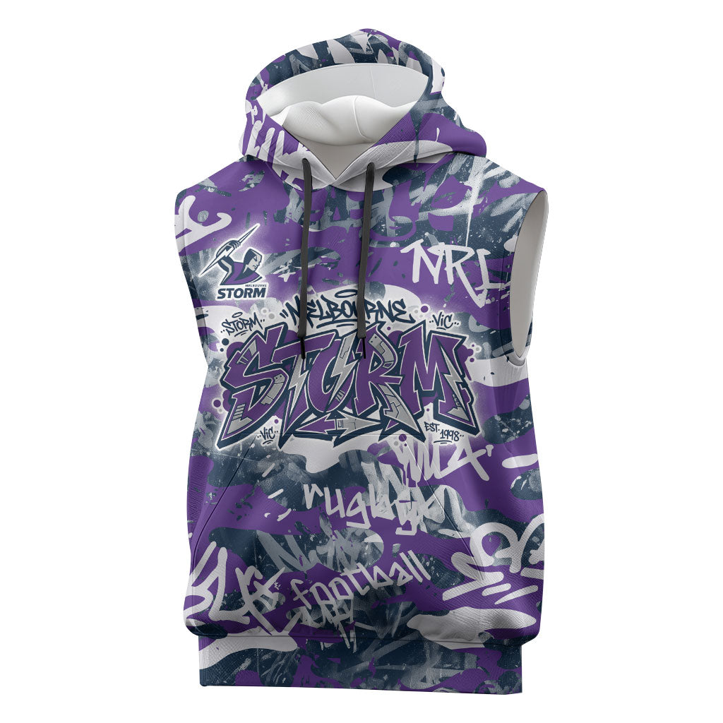 Melbourne Storm Rugby Sleeveless Hoodie Graffiti Typography Urban Camo Abstract Street Style