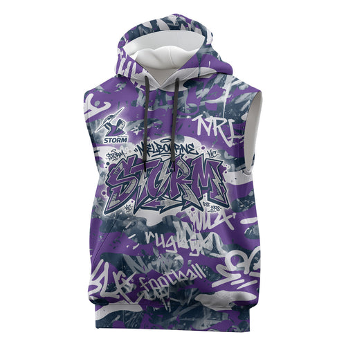 Melbourne Storm Rugby Sleeveless Hoodie Graffiti Typography Urban Camo Abstract Street Style
