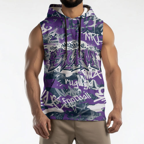 Melbourne Storm Rugby Sleeveless Hoodie Graffiti Typography Urban Camo Abstract Street Style