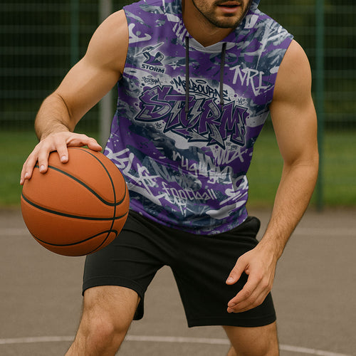 Melbourne Storm Rugby Sleeveless Hoodie Graffiti Typography Urban Camo Abstract Street Style