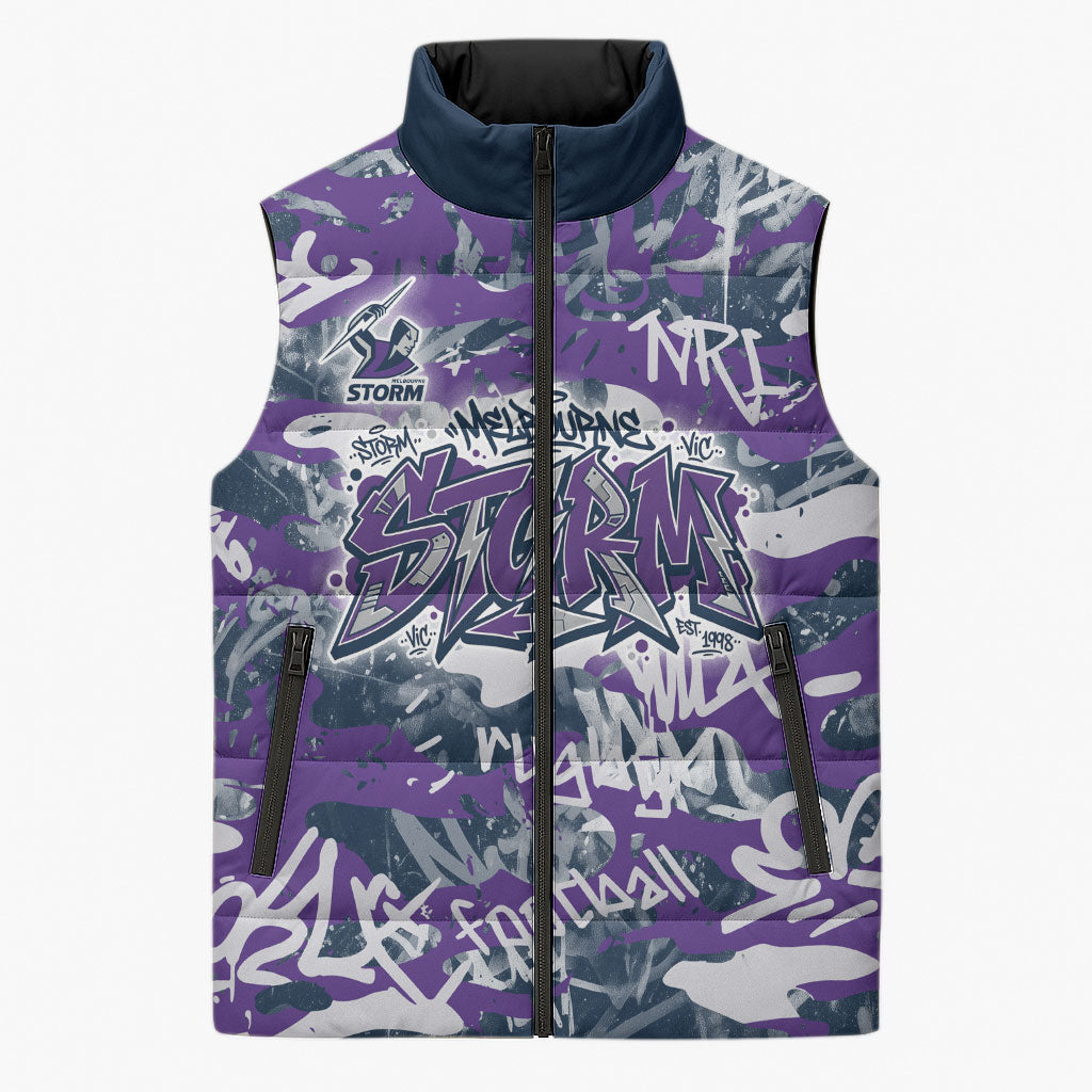 Melbourne Storm Rugby Sleeveless Puffer Jacket Graffiti Typography Urban Camo Abstract Street Style