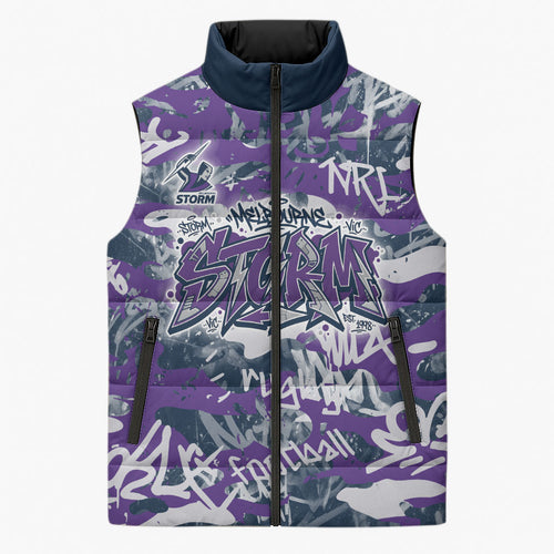 Melbourne Storm Rugby Sleeveless Puffer Jacket Graffiti Typography Urban Camo Abstract Street Style