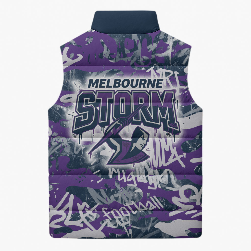 Melbourne Storm Rugby Sleeveless Puffer Jacket Graffiti Typography Urban Camo Abstract Street Style