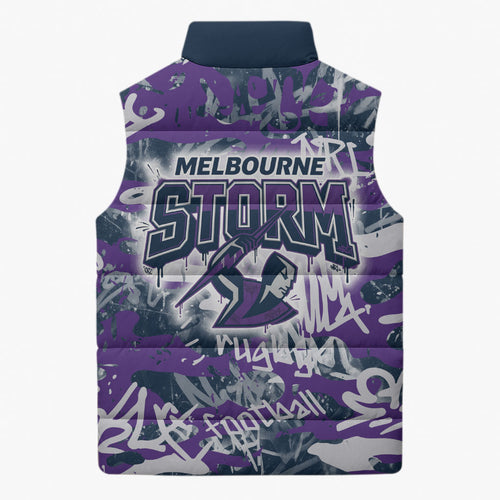 Melbourne Storm Rugby Sleeveless Puffer Jacket Graffiti Typography Urban Camo Abstract Street Style