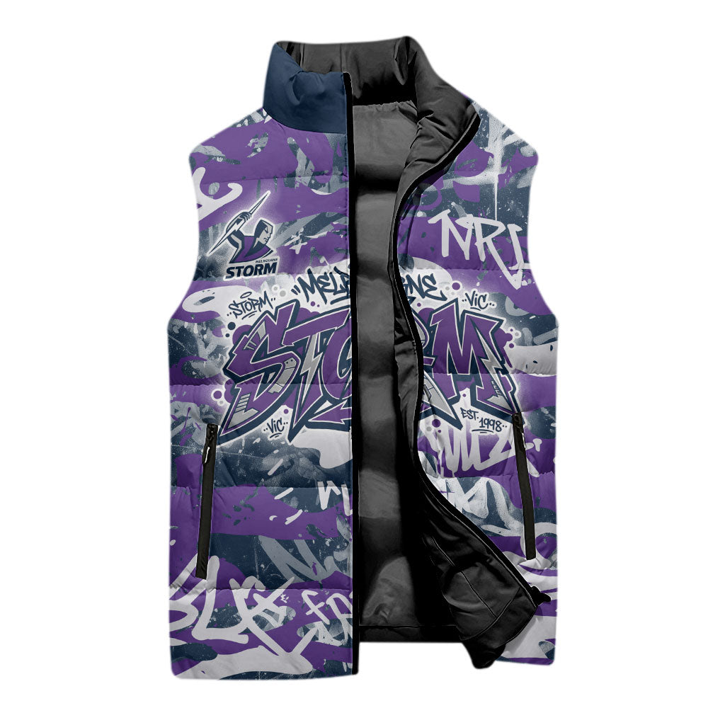 Melbourne Storm Rugby Sleeveless Puffer Jacket Graffiti Typography Urban Camo Abstract Street Style