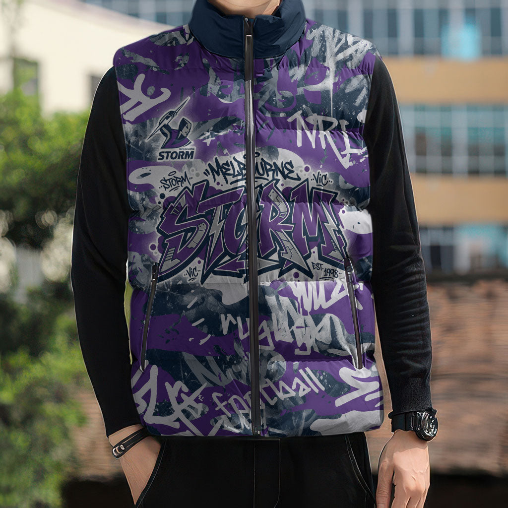 Melbourne Storm Rugby Sleeveless Puffer Jacket Graffiti Typography Urban Camo Abstract Street Style