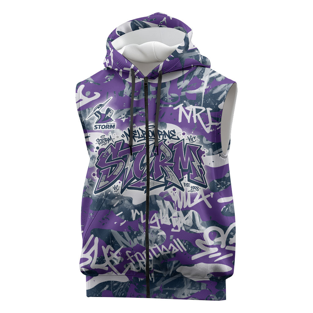 Melbourne Storm Rugby Sleeveless Zip Hoodie Graffiti Typography Urban Camo Abstract Street Style