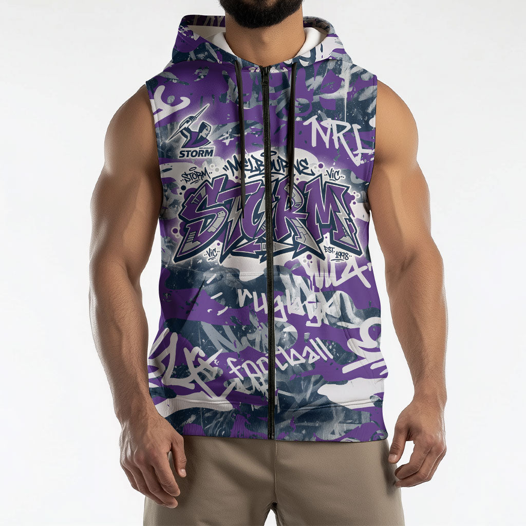 Melbourne Storm Rugby Sleeveless Zip Hoodie Graffiti Typography Urban Camo Abstract Street Style