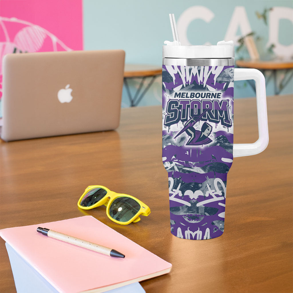 Melbourne Storm Rugby Tumbler With Handle Graffiti Typography Urban Camo Abstract Street Style