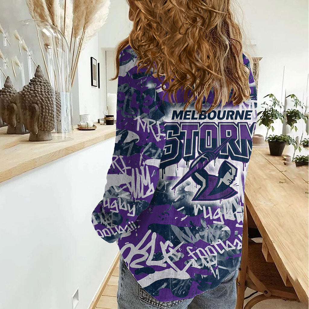 Melbourne Storm Rugby Women Casual Shirt Graffiti Typography Urban Camo Abstract Street Style